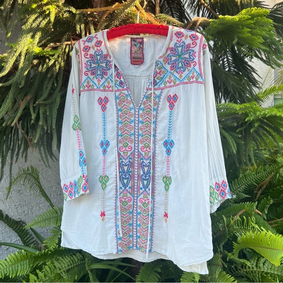 Johnny Was Tops - Johnny Was Embroidered Floral Bohemian Baby Blue Blouse | Medium | Tunic Top